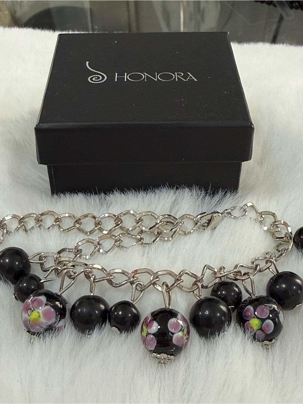 Honora Black Glass Bead Bracelet with Pink Floral Charms